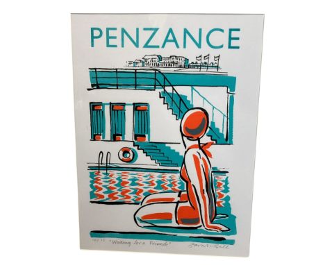 Sarah Bell (XX-XI) Penzance Waiting for a Friend limited edition screenprint 10/12 signed and inscribed, 41cm x 29cm frame si