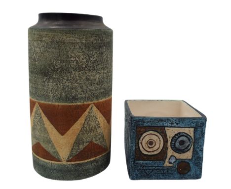 A Troika cube vase decorated by Avril Bennet, height 8cm together with a Troika cylinder shouldered vase, height 20cm. (2)  C