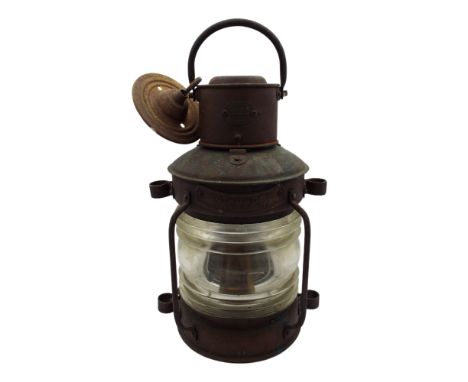 A 20th century copper lamp by R C Murray & Co Limited. Roland Morris collection, NOT UNDER COMMAND plaque, converted to elect