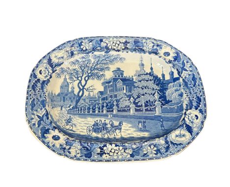 A large Staffordshire blue and white transfer printed meat platter with A View of Pashkov House, Moscow circa 1830, length 53