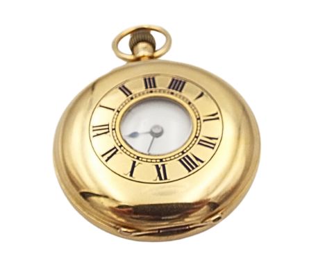 A 18ct gold half hunter stem wind pocket watch with blue enamel roman numerals unsigned enamel dial monogramed to case back, 