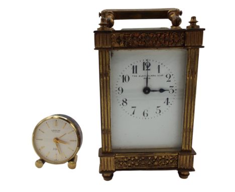 A French brass carriage clock by the The Alex Clark Co Ltd Paris circa 1900, height including handle 15cm, together with a Lo