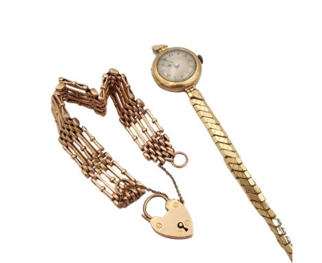 A 9ct gold gate bracelet with heart padlock, total weight 22.84g together with a 9ct gold watch with later strap.
