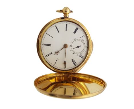 A mid 19th century fine18ct gold key wind pocket watch engine turned decoration to both side of case with an empty cartouche 