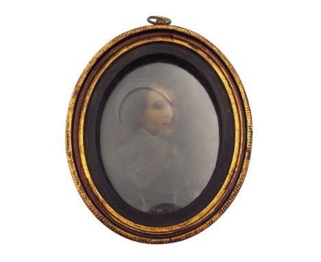 Circle of Cornelis Jonson van Ceulen, 17th century, portrait miniature, oil on copper, in gilt frame, image size 9 x 7cm.