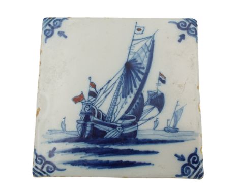 A Dutch delt tile. Roland Morris collection, depicting a Dutch galleon with highlighted puce decoration, 12.7cm square.   Con