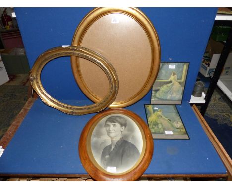 Two oval shaped gilt Frames along with a wooden framed portrait of a lady and a print by Moonlit Waters.