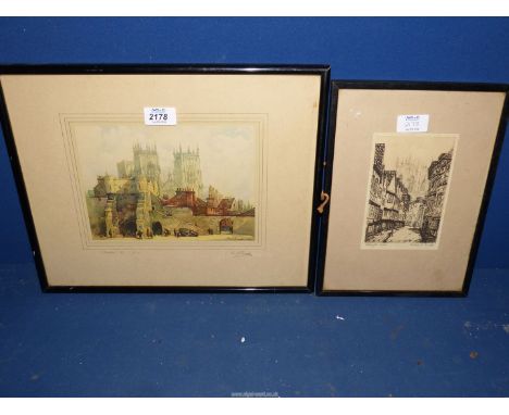 A framed Etching, Petergate, York by Richard W. Barker, along with a coloured Lithograph by George Downing of Bootham Bar, Yo