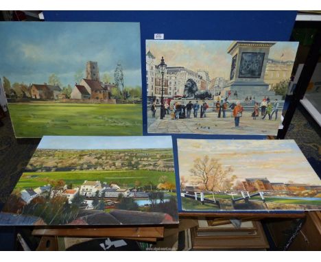 Four large unframed Oils on board of Rothley Church, Trafalgar Square, Cossington Lock and an un-named canal basin by Jo Ange