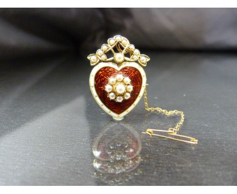 Guildford (unmarked possibly high carat) mid 19th century Victorian "Love Jewellery" Enamel and seed pearl heart brooch. The 