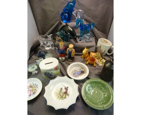 Collection of collectable china and glassware - Beswick Winnie the Pooh figures, Poole Dolphin, Carlton Ware pin tray GER Tan