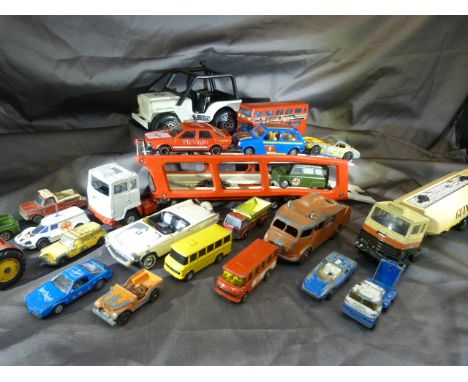 Collection of unboxed Dinky and Corgi Toys to include Guinness Lorry, Dinky fire engine 555(no ladder), Tonka Beach buggy etc