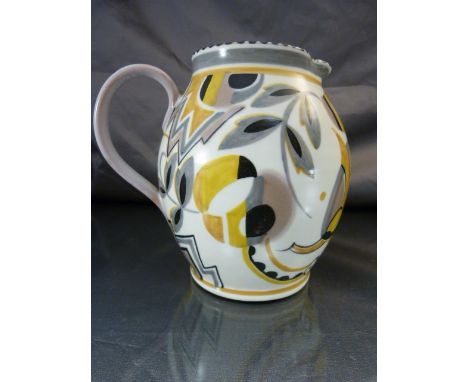 Poole Pottery - Unusual 'Jazzy' 1930's poole pottery jug painted in shades yellow, mushroom, grey and black on a white ground