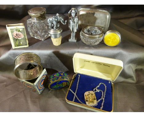 A Silver Cloisonne pill pot along with a London Hallmarked silver pill pot with Gullioche enamel top, Silver topped vase with