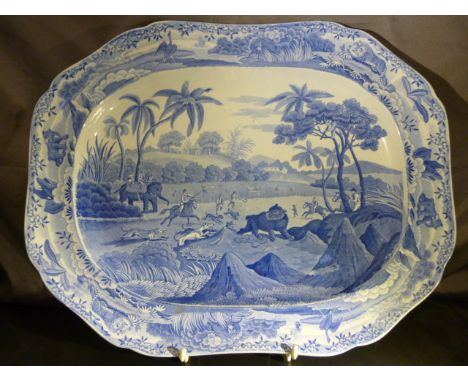 A Spode Indian Sporting Series Meat platter entitled to the reverse DRIVING A BEAR OUT OF SUGAR CANES. Impressed to the rever