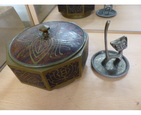 Brass inlaid caddy along with an Art Deco Seba cat ring stand