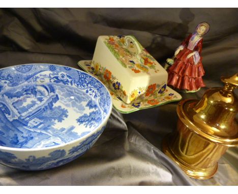 Mason's Bible Pattern Cheese dish, Blue and white willow pattern spode bowl, Paragon figure of a lady and a Copper Lustre tob