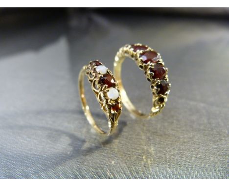 Two 9ct Gold Gem set dress rings. (1)9ct Gold 5 graduated Garnet Half Hoop  dress ring. Size approx UK - Q and USA - 8. (2) 9