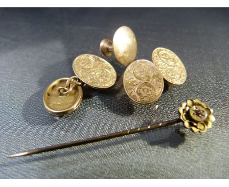 15ct Gold stick pin set with a small Ruby. A pair of 9ct Gold (Chester 1897), hand engraved double oval approx 15.8mm x 11.6m