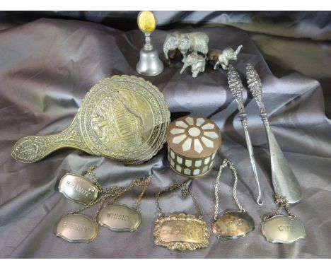 Small collection of interesting items to include a mother of pearl inlaid brass trinket pot, silver handled sewing items, sil