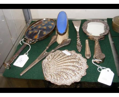 Art Nouveau silver and enamel dressing table mirror, together with other silver items 