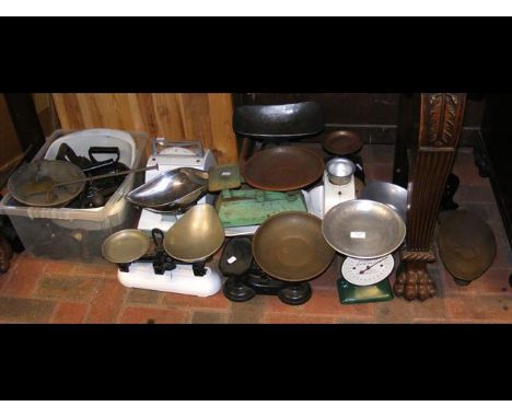 Large quantity of scales and weights, flat irons 
