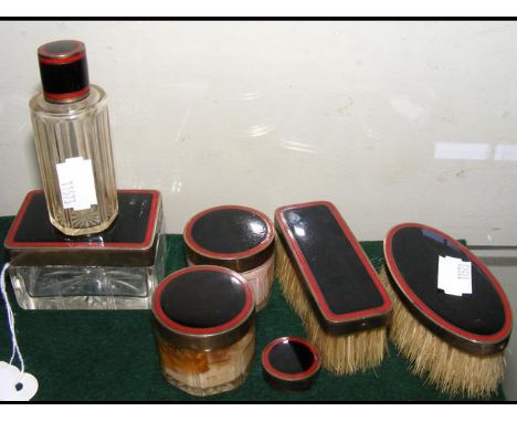 Silver and enamel dressing table set 