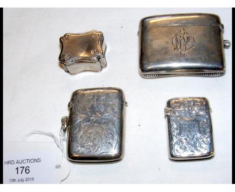 Three silver vesta cases, together with a snuff box 