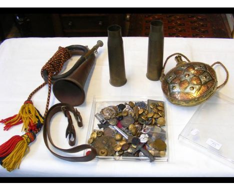 Selection of interesting military buttons, bugle, etc.   CONDITION REPORT shell case bottom readsT-C 37 M X  C IN 8 5  14 R