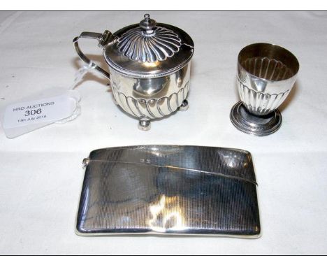 A silver card case, together with mustard pot and table salt 