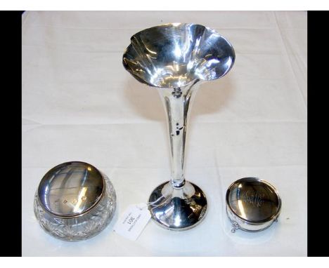 Silver trumpet vase, powder pot and trinket box 