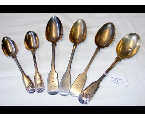 Four silver serving spoons, together with two silver dessertspoons - 13.4oz 