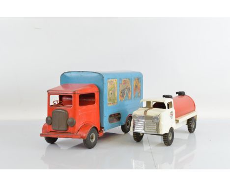 Two unboxed Tri-ang Pressed Steel larger scale vehicles, including a '200 Series' Delivery Van in red and blue and a 'Junior 