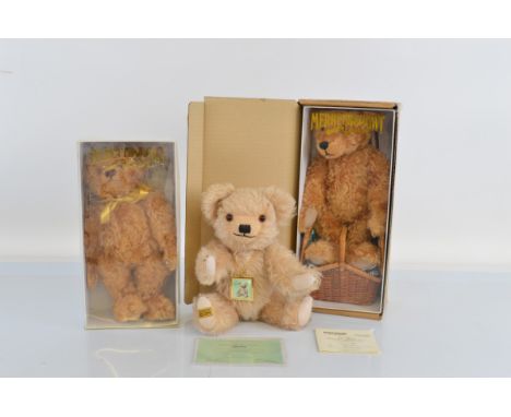 Three limited edition Merrythought Teddy Bears, "Edward" Heirloom Bear of The Year 2000 534/2000, "The First Merrythought Bea