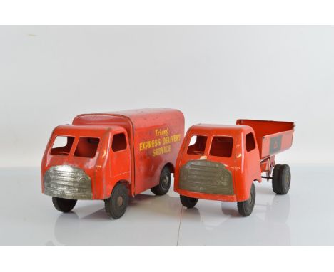 Two unboxed Tri-ang Pressed Steel larger scale vehicles  from their 'Diesel' range, #6012 Tipper in red and #6013 Express Del