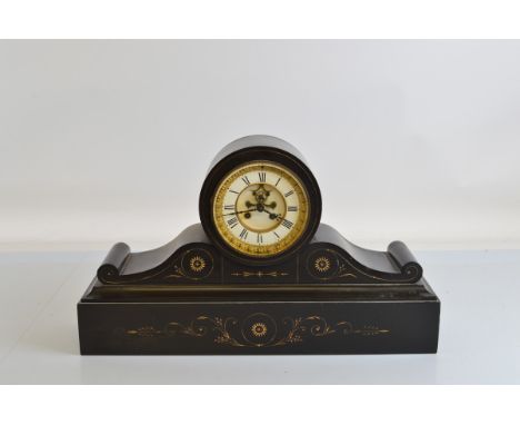 A 19th century slate mantle clock, with revealed escapement, white enamel dial, Roman numerals, engraved gilt decorated case,