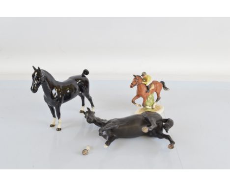 Three ceramic horse figures, including Goebels Horse and Jockey, Beswick and another example with damaged leg (3)