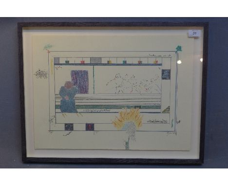 A signed artist's proof lithograph, 1987, depicting abstracted scene with figures, indistinctly signed.