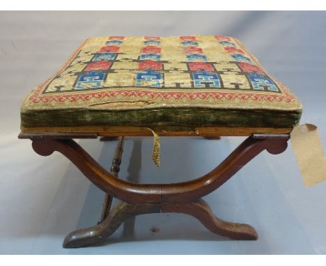 A 19th century rosewood x-frame stool with tapestry upholstering (A/F)