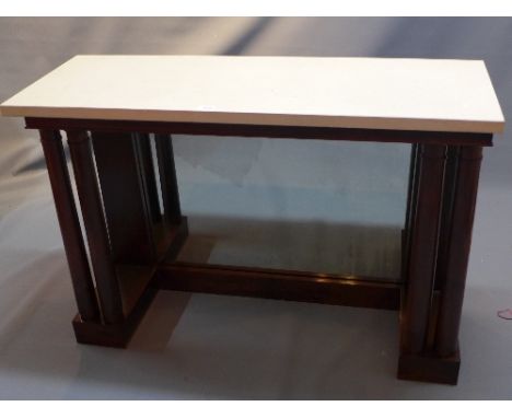 An Empire style mahogany console table with mirror back and limestone top, H. 92cm W. 117cm D. 43cm