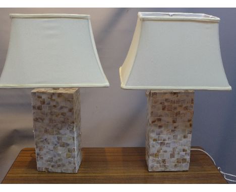 A pair of contemporary table lamps with tiled mother of pearl design. 