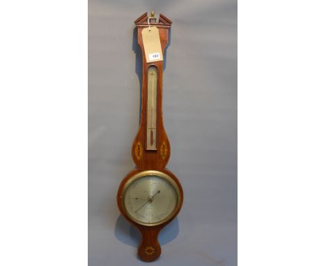 A 19th Century mahogany banjo barometer with marquetry inlay, signed Barnaschoni, H:99cm