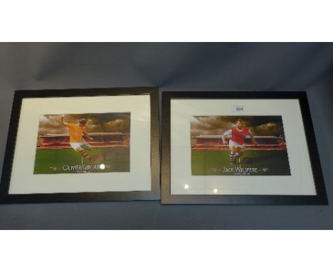 A pair of Arsenal glazed and framed prints of Jack Wilshere and Oliver Girold in period football kits 1936 and 1950. 
