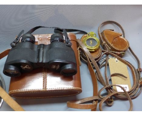 A pair of German Jagermeister Panorama 8 x 30 binoculars, cased, together with a cased brass WWII military compass by T. G. C