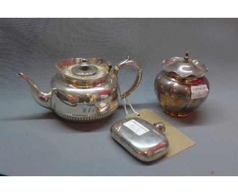 A silver plated teapot, together with a silver plated sugar bowl, and a silver plated hip flask by James Dixon & Sons, Sheffi