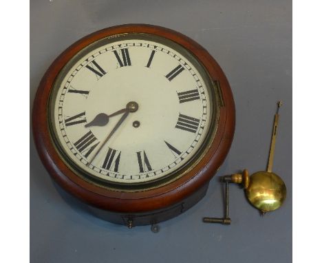 An early 20th century mahogany wall clock, fusee movement, the white enamel dial with Roman numerals and outer minute track, 