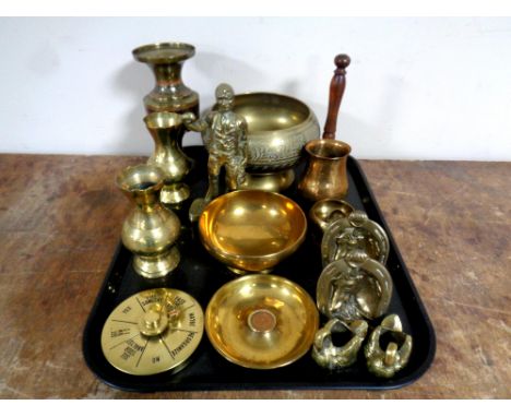 A tray containing assorted copper wares to include eastern vases, figure of a miner, planter, bowls, hand bell etc 