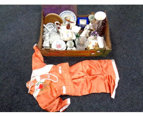 A box containing assorted ceramics and glassware to include Ringtons caddy, Spanish figures, nursery plate, teaware, together