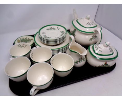 A tray containing twenty pieces of Copeland Spode Christmas tree tea china together with a matching set of coasters 