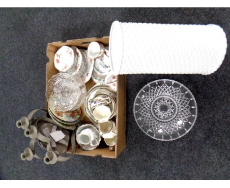 A box containing pair of heart shaped candelabra, 20th century pressed glass, tea china, together with a cut glass fruit bowl